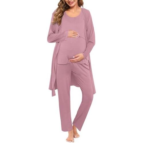 SWOMOG Maternity Nursing Robe Set 3 PCS Women Postpartum Pajamas Breastfeeding Labor Delivery Hospital Pregnancy Pjs