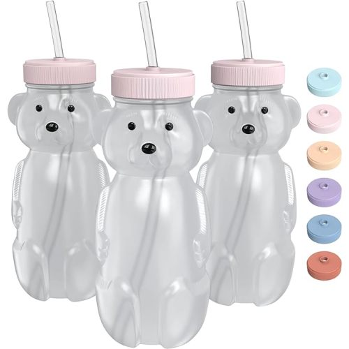 Honey Bear Straw Cup for Babies, 8-oz Honey Bear Cup with Lid, 3-Pack Therapy Learning Honeybear Straw Cup, Baby Honey Bear Bottle Set, Cherry Blossom PINK - Cherry Blossom-PINK