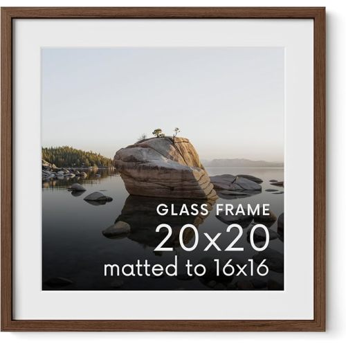 HAUS AND HUES 20x20 Frame with Real Glass and Walnut Oak Matted to 16x16 - Oak Large Square Picture Frame - Includes Vertical and Horizontal Hang - Ideal for Home, Office (20x20 in, Walnut)