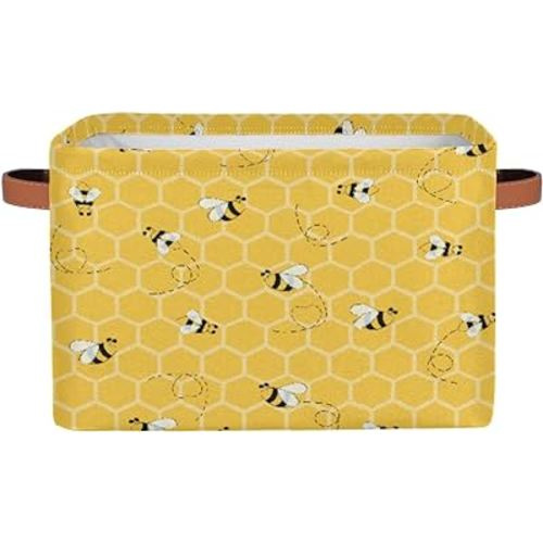 Large Foldable Storage Baskets with Handles, Bee Honeycomb Yellow White Stripe Storage Cube Rectangular Fabric Collapsible Toy Storage Bin Organizer for Closet Shelf Laundry Nursery Kids Bedroom Home