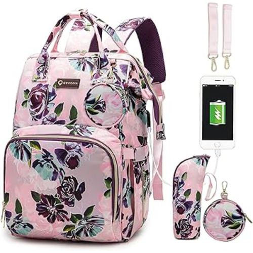 Floral Diaper Bag Backpack with USB Charging Port Stroller Straps and Insulated Pocket,Travel Bag Nappy Backpack For Women/Mum (Rose Flower Pattern)