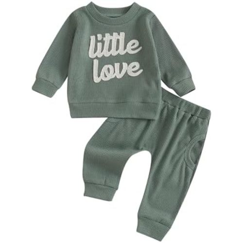 Winioder Baby Girl Boy Fall Clothes Cute Letter Embroidery Long Sleeve Sweatshirt Pants Set Toddler 2Pcs Waffle Knit Outfit