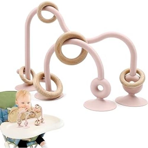 Baby Sensory Teething Chew High Chair Suction Toys for Infant Toddlers 6 12 18 24 Months Gifts, Food Grade Silicone Teether with Oak Loop Montessori Educational Baby Bath Toy (Pink)