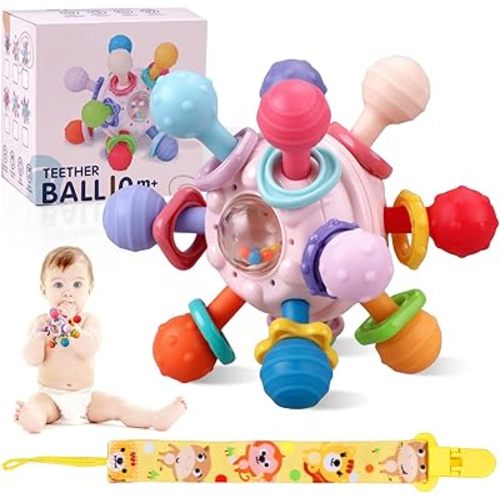 Teething Toys, Ball Shape Design Sensory Toys Teething Toys for Babies 0-6 Months 12 Silicone Ball Fashionable Color rotatable Baby Rattle Infant Toy Gift for Newborn Birthday Christmas Newyear,Pink