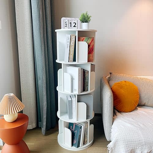 Heehee Wooden Rotating Bookshelf 360 Display Floor Standing Bookcase Storage Rack for Kids&Adults Multi-Functional Bookshelf Organizer (White (4-Tier))