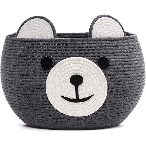 CherryNow Cotton Rope Basket Baby Cute Storage Basket for Organizing, Medium Toy Basket Empty Gift Basket with Handles, Woven Rope Bear Basket for Kids, Grey, 15.7" D x 10.5" H