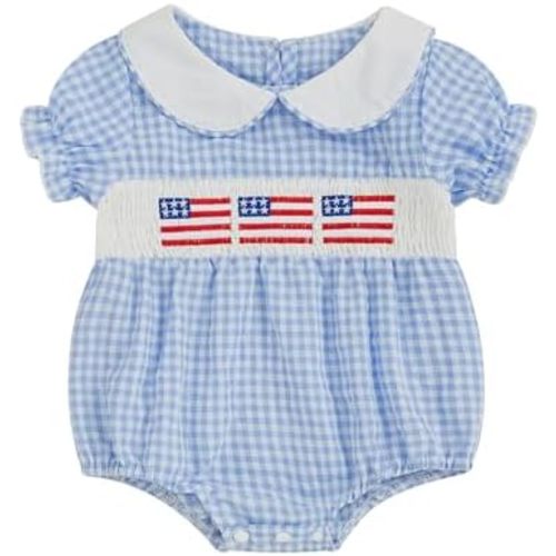 MoZiKQin Baby Girl 4th of July Outfit American Flag Embroidery Bubble Romper Plaid Smocked Jumpsuit Cute Summer Clothes