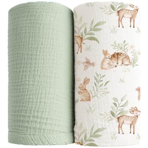 Konssy 2 Pack Muslin Swaddle Blankets, 100% Cotton Receiving Blanket Large 47 x 47 inches for Baby Boys Girls, Soft Breathable Muslin Baby Blanket for Newborn (Woodland,Sage)
