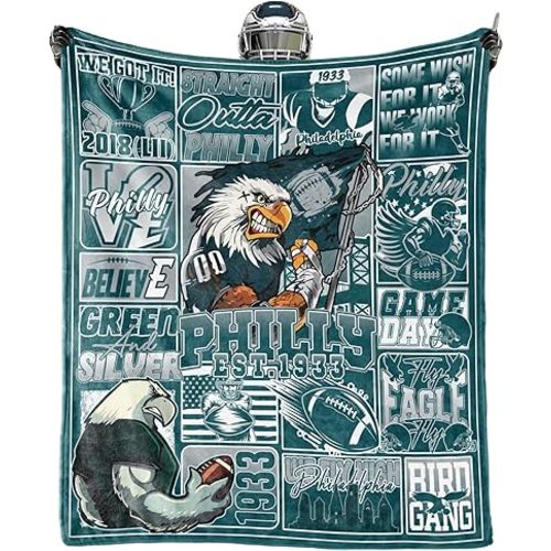 Football Blanket, Football Fans Gifts for Men Women, Football Philly Merch Gear, Green and Silver Team Color Style 50"x60" Throw Blankets for Valentines.