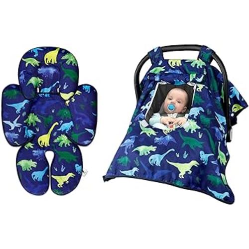 Baby Carseat Cover & Head Support for Boys, Blue Dinosaur Newborn Carseat Canopy with Peep Windows, Infant Car Seat Insert for Stroller, Bouncer, Swing