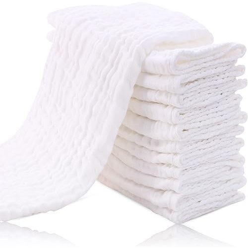 Cute Castle 12 Pack Muslin Burp Cloths for Baby - Ultra-Soft 100% Cotton Baby Washcloths - Large 20'' by 10'' Super Absorbent Milk Spit Up Rags - Burpy Cloths for Unisex, Boy, Girl - White