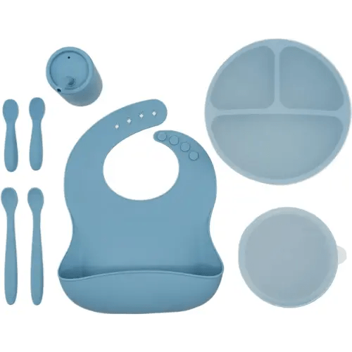 WeeSprout Baby Led Weaning Bundle, Silicone Suction Bowl, Spoons, Bib & Cup, Develops Self Feeding Skills, Dishwasher Safe (Blue)