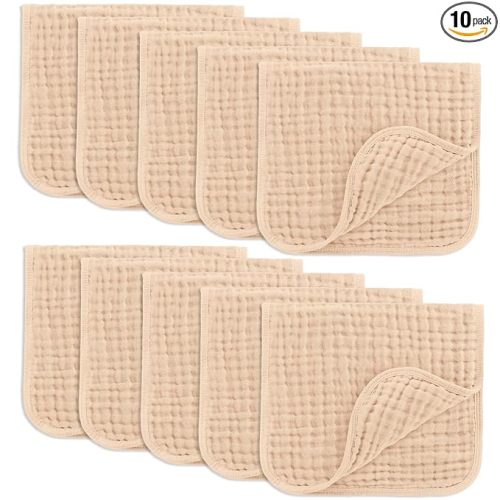 Comfy Cubs Muslin Burp Cloths 20" x 10", Pack of 10 - Large, 6-Layer, Ultra Absorbent 100% Cotton for Baby Drool and Messes - Soft, Safe & Gentle Baby Burp Cloths for Boys & Girls - Cream