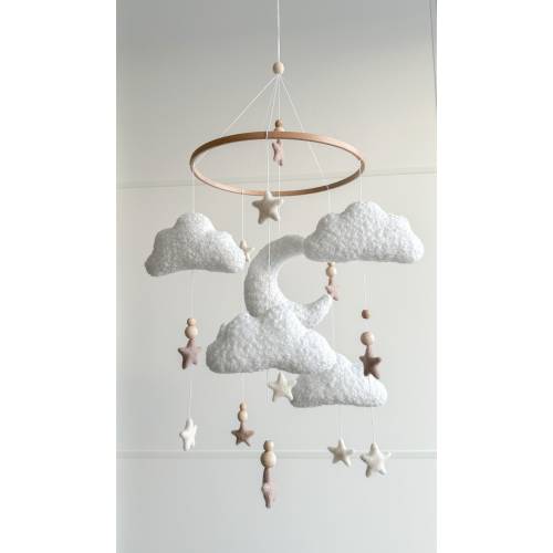 Boucle clouds and moon baby nursery mobile,baby shower gift for baby announcement
