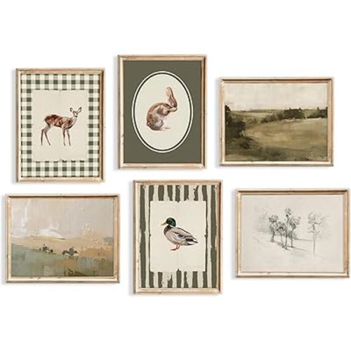 Vintage Nursery Wall Art Baby Boy Room Canvas Wall Decor Hunting Animal Prints Kids Poster Deer Duck Pictures Nursery Neutral Artwork Rabbit Painting for Children Bedroom 12x16 Inch Unframed Set of 6