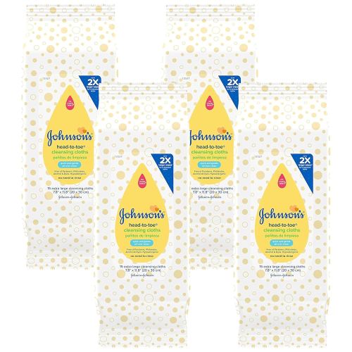 Johnson's Baby Head-to-Toe Gentle Baby Cleansing Cloths, Hypoallergenic and Pre-Moistened Baby Bath Wipes, Free of Parabens, Phthalates, Alcohol, Dyes and Soap, 15 ct (Pack of 4)
