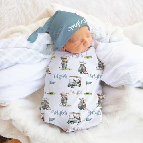 Golf Swaddle Set - Personalized Baby Boy Golf Swaddle Hat Set - Vintage Golf Baby Blanket - Baby Gift for Golfer- Teddy Bear Golfing - S364