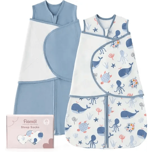 Baby Swaddle Sleep Sack 3-6 Months, Swaddles for Newborns Boy Girl, 3-Way Adjustable Infant Swaddle Blanket with Zipper & Detachable Wrap, 2 Pack Soft Snug Blue Whale