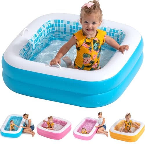 Baby Pool with Cushioned Floor, Grip Handles & Drain - 34" Small Square Inflatable Kiddie Pool, Bathtub & Ball Pit, Toddler Outdoor Water Toys, First Birthday Gift for Boys, Infants and Toddlers 1-3