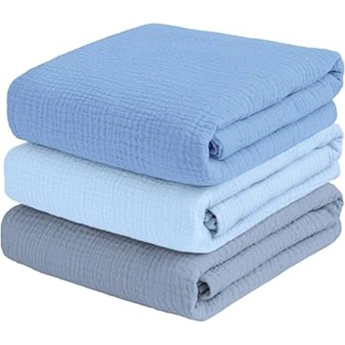 Muslin Swaddle Blankets for Baby Boy - 3 Pack 47x47 Inch Large Receiving Blankets, Soft Breathable Cotton Nursery Swaddles for Newborns, Infant & Todler, Blue