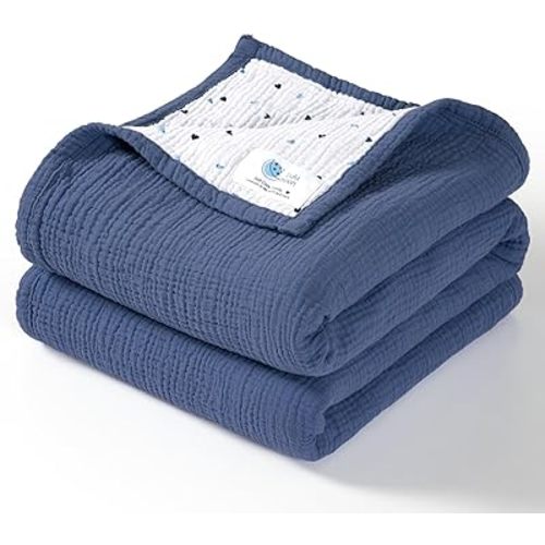 Lulu moon Muslin Baby Blanket - Cotton Quilt Blankets for Toddlers - Reversible Nursery Crib Blanket for Baby Boys and Girls 47"x47"(Blue)