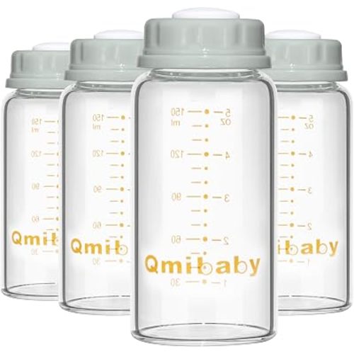 Baby Bottles,Wide Neck BPA Free Breast Milk Container 8oz Screw Ring Sealing Disk Re-markable Sealing Disc Fits Breast Pumps & Nipples Collection Bottles for Fridge (4 Gray Lids)