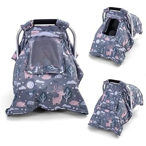 Car Seat Cover Baby, Carseat Covers Baby with Screen Mesh Window, Breathable Baby Carrier Canopy for Boys, Girls, Universal Infant Car Seat Protection Shield for Sunlight, Dust