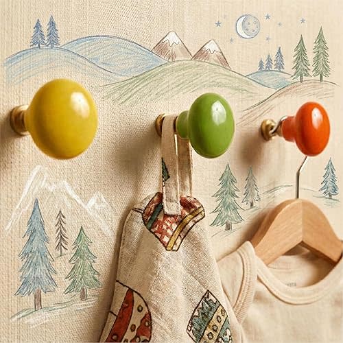 Cute Mushroom Wall Hooks for Kids Room Decor - Colorful Ceramic Hangers with Brass Base for Backpacks Coats Hats - Make Organization Fun - Easy Drywall Install(Set of 3)