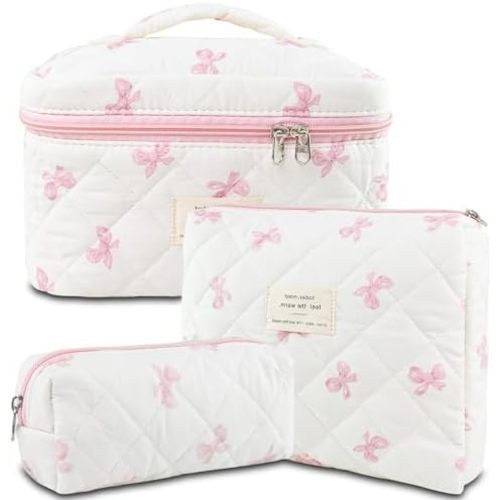 Makeup Bag, 3 PCS Quilted Makeup Bag, Cute Floral Cotton Cosmetic Bag set, Coquette Makeup Pouch Large Travel Toiletry Bag