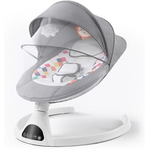 Baby Swing for Infants, Electric Portable Rocking Chair for Babies, Bluetooth Touch Screen/Remote Control Timing Function 5 Swing Speeds Baby Rocker Chair with Music 5 Point Harness Gray