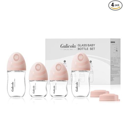 Gulicola Natural Glass Baby Bottles Set 4 Pack, Newborn Girl Breastfeeding Bottles with Slow Flow Nipples, 0 Months+, 3 oz & 5 oz - Pink