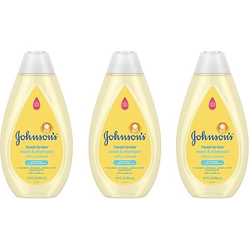 Johnson's Head-To-Toe Gentle Tear-Free Baby & Newborn Wash & Shampoo, Sulfate-, Paraben- Phthalate- & Dye-Free, Hypoallergenic Wash for Sensitive Skin & Hair, 3 x 16.9 fl. Oz (Amazon Exclusive)