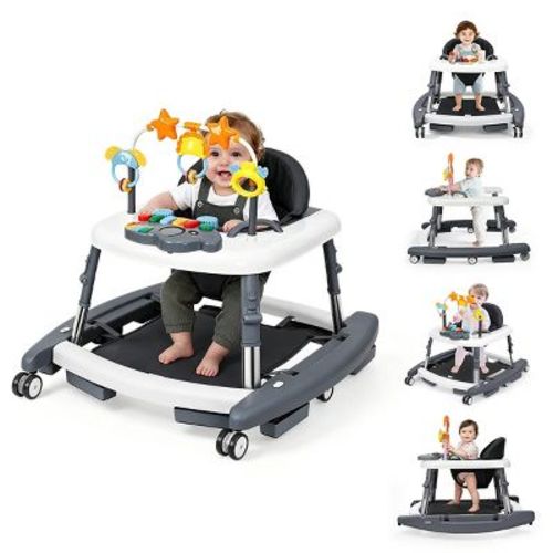 5-in-1 Baby Walker, Foldable Adjustable Activity Walker with Bouncer, Music, Toys, Feeding Tray for 6-18 Months