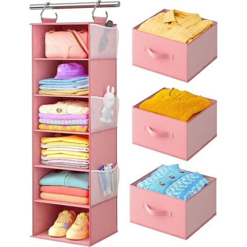 Pipishell Hanging Closet Organizer 6-Shelf, Hanging Shelves for Closet with 3 Removable Drawers & Side Pockets, Hanging Shelf Organizer for Bedroom or Garment Rack, 12'' x 12'' x 43.3'', Pink