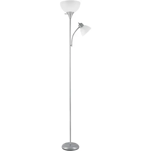 Globe Electric 67134 72" Torchiere Floor Lamp + Adjustable Reading Light, Silver, Frosted Plastic Shade, 3-Step Rotary Switch on Socket, Living Room Décor, Reading Light, Home Essentials, Bedroom