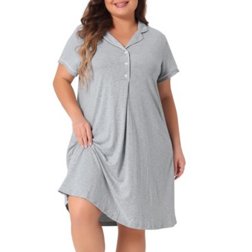 Agnes Orinda Women's Plus Size Lapel Short Sleeve Button Down Lounge Midi Nightgown 3X Gray