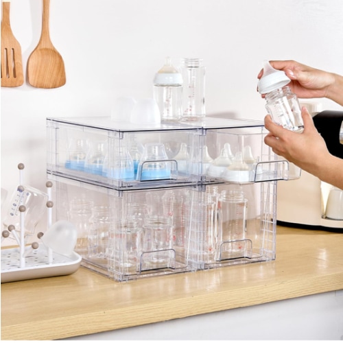 Vtopmart 4 Pack Clear Stackable Storage Drawers,Easy to Assemble Bathroom Organizers and Storage with handles,Plastic Drawers for Kitchen Pantry,Cabinet,Under Sink Organization