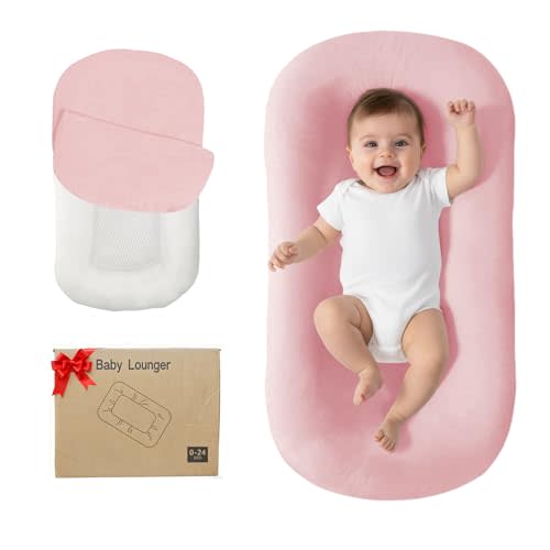 Lucakuins Baby Lounger, Bionic Design Baby Lounger for Newborn 0-24 Months, Soft Organic Cotton Breathable Lounger for Infants (Pink Newborn Lounger)