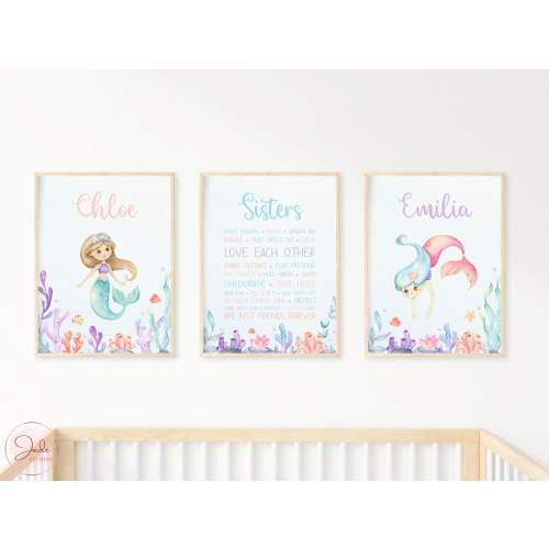 Set of 3 - choose any two mermaids - Personalised Mermaid Nursery Prints, Kids Mermaid Prints, Mermaid Sisters, Under The Ocean Print
