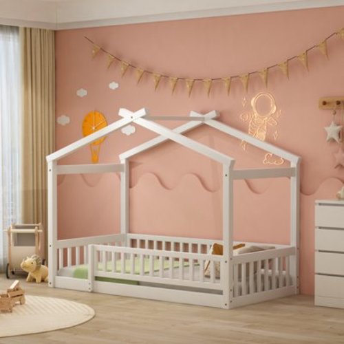 uhomepro Twin Floor Bed Frame for Toddlers, Floor Kids House Bed with Fence, Low Wood Beds for Girls Boys, White