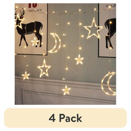 (4 pack) Mainstays 144-Count Indoor Battery Operated Warm White LED Curtain Lights with Stars and Moons