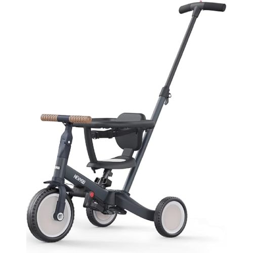 newyoo 5 in 1 Tricycles for 1-3 Year Olds, Baby Balance Bike, Christmas and Birthday Gift for Boy and Girl, Toddler Bike with Parent Push Handle, Safety Guard, Backrest, Safety Belt, Dark Grey, TR008