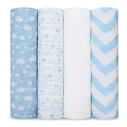 Comfy Cubs Muslin Swaddle Blankets - Neutral Receiving Blanket, Wrap for Boys & Girls (Blue)