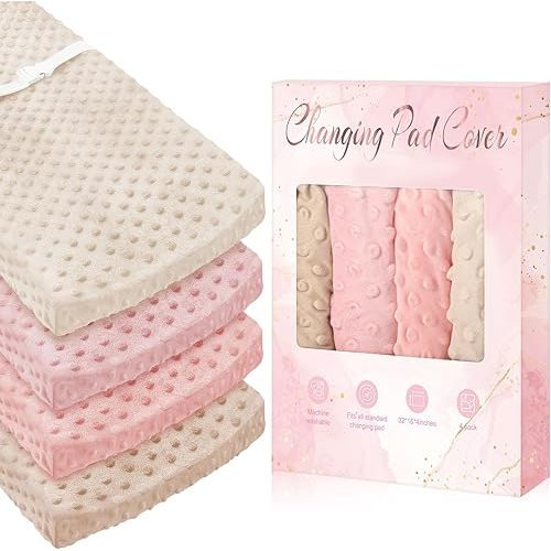 Peryiter 4 Pcs Changing Pad Cover 16 x 32 Inch Ultra Soft Dots Plush Changing Table Covers for Baby Girls and Boys(Pink Series Colors,Flower)