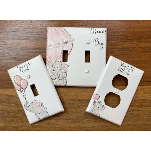 Pink Baby Elephant light switch plate cover // Dream Big // safari baby&#39;s nursery room // balloons FAST SHIP!