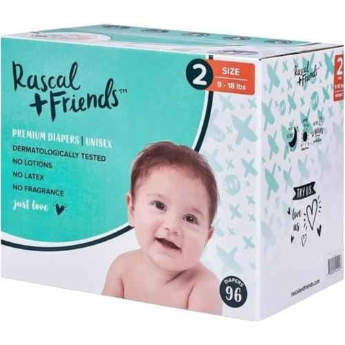 Rascal & Friends 96192 Premium Diapers, Size 2, 96, White(Packaging May Vary)