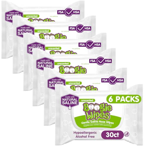 Baby Wipes Unscented by Boogie Wipes, Wet Wipes for Face, Hand, Body & Nose, Made with Vitamin E, Aloe, Chamomile and Natural Saline, 30 Count, Pack of 6
