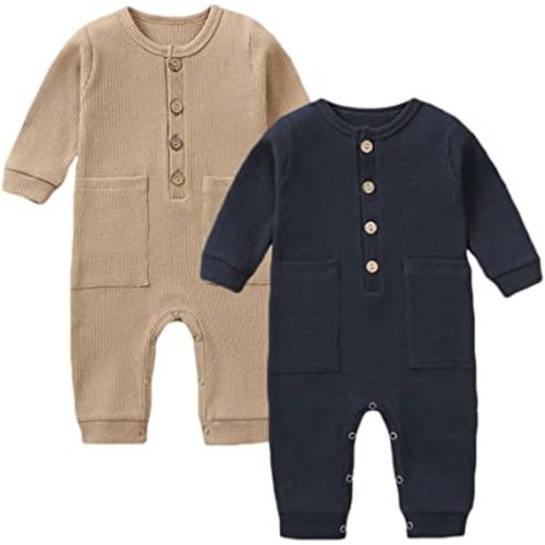 Yookoom Baby Boys Girls 2 Pack Solid Romper Waffle Long Sleeve One-Piece Cotton Jumpsuit Outfits Clothes