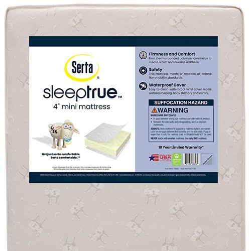 Serta SleepTrue Mini Crib Mattress, Premium Sustainably Sourced Fiber Core, Hypoallergenic & Waterproof Cover, Greenguard Gold Certified - Made in USA, White - 38x24x4 Inch (Pack of 1)