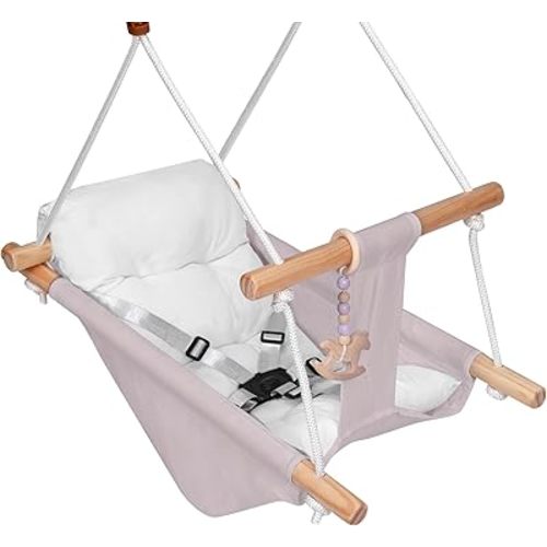 Outdoor Indoor Baby Swing, Wooden Canvas Baby Hammock Swing for Baby to Toddler with a Comfortable Seat, Gift for Baby Boys Girls (Grey)